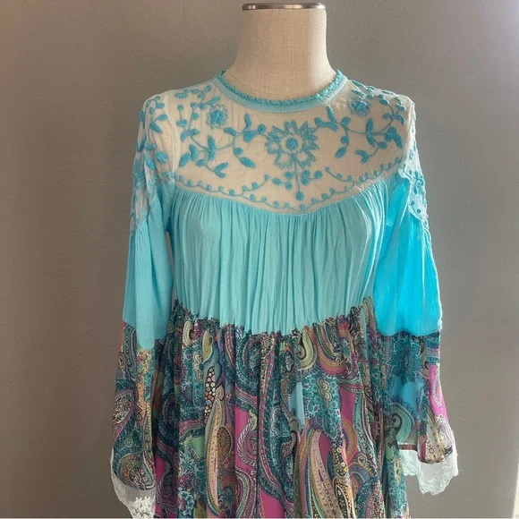 Upcycled Turquoise Boho Maxi Dress with Lacy Top & Paisley Ruffled Skirt, Size M - Picture 9 of 12